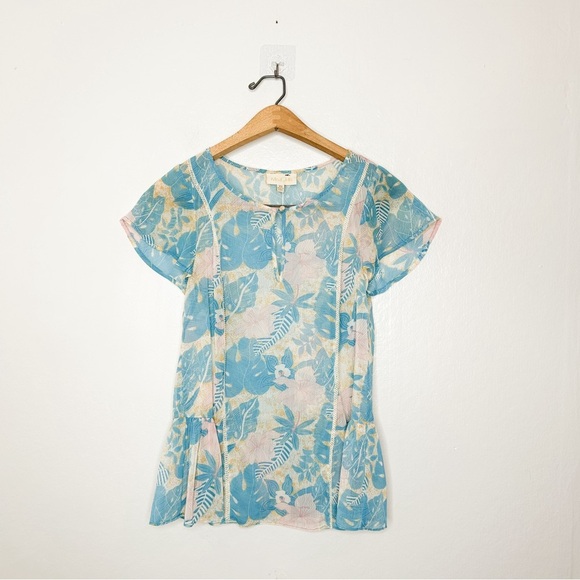 Modcloth Womens Colorful Tropical Floral Print Semi Sheer Short Sleeve Blouse XS - Picture 2 of 6